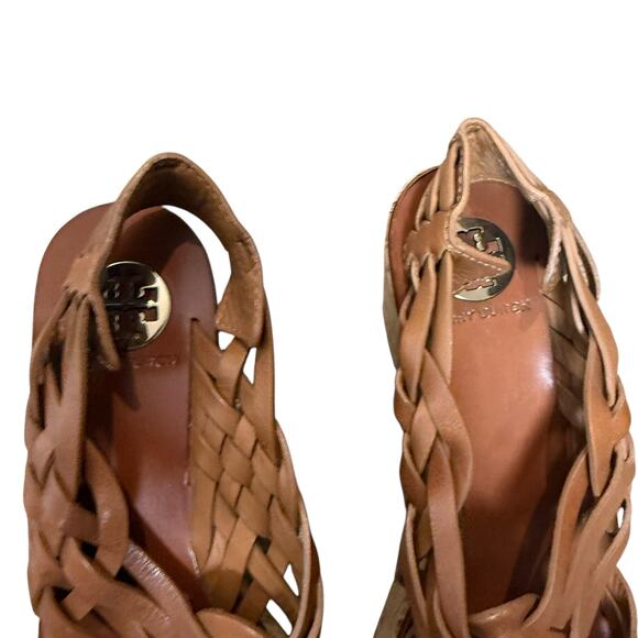 Tory Burch Killian Brown Leather Strappy Woven Cork Platform Wedge Sandals 9.5 - Picture 5 of 10